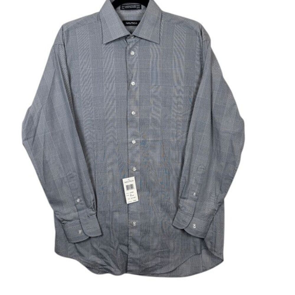 NWT Nautica Navy and White Plaid Dress Shirt Size Medium